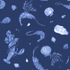 Fototapeta na wymiar Watercolor seamless pattern of seafood, vintage style in blue shades. Lobsters, shrimps, oysters, mussels, clams, spices, herbs for seafood. Restaurant menus, wallpaper, textile, fabric, banner