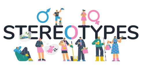Gender stereotypes vector concept with female and male gender symbols, men and women have different social roles - obrazy, fototapety, plakaty