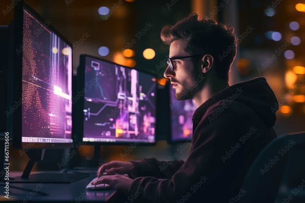 Aufkleber A man sitting at a desk with two computer monitors. This image can be used to depict a professional working environment or a modern office setup