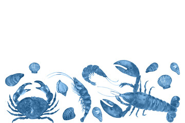 Horizontal banner with seafood in blue shades. Prawns, mussels, lobster, crab. For restaurants, fishing industry, cafes, market shops, seafood menu culinary design. Watercolor