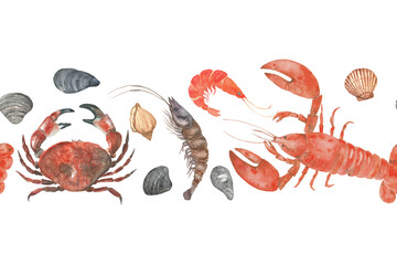 Obraz premium Horizontal repeating pattern with seafood. Prawns, mussels, lobster, crab and shells. For restaurants, fishing industry, cafes, markets, kitchen textiles, culinary design. Fresh seafood. Watercolor