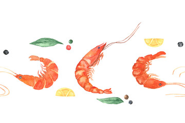 Horizontal repeating pattern with seafood. Shrimp with lemon, pepper and bay leaf. For restaurants, fishing industry, cafes, market shops, kitchen textiles, culinary design. Shrimp tail. Watercolor