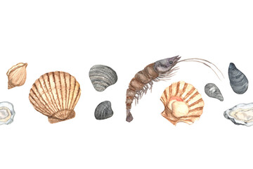 Horizontal repeating pattern with seafood. Shrimp, prawn, mussel, oysters, scallops and seashells. For restaurants, fishing industry, cafes, market shops, kitchen textiles, culinary design. Watercolor