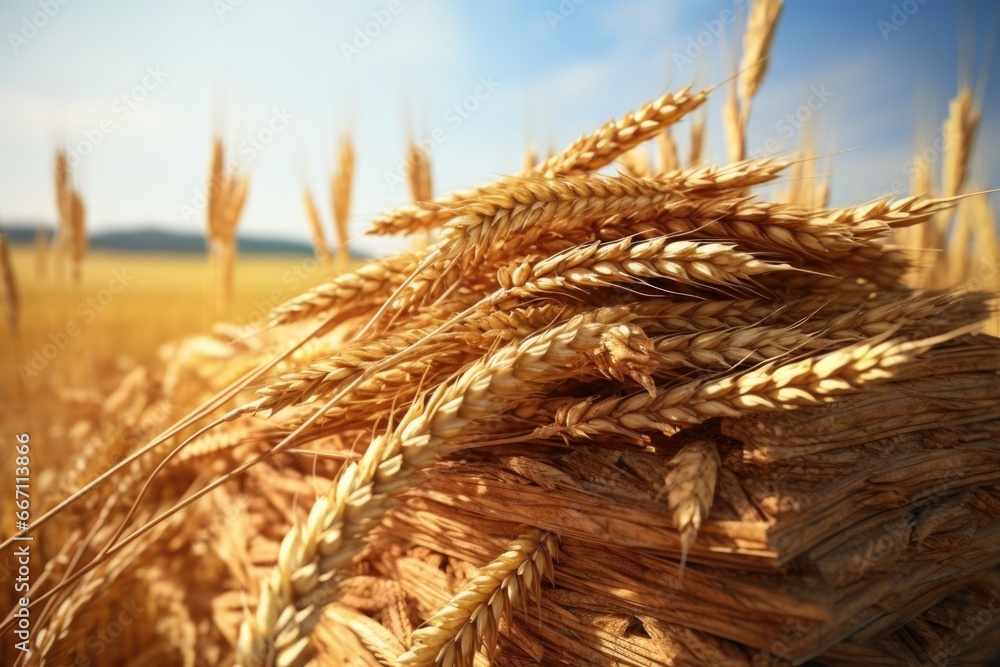 Poster A close-up view of a bunch of wheat in a field. This image captures the beauty and texture of the wheat, making it a perfect choice for agricultural, nature, or harvest-related projects