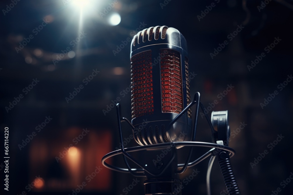 Poster a detailed close-up image of a microphone with a vibrant light in the background.