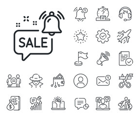 Sale Alarm reminder sign. Salaryman, gender equality and alert bell outline icons. Promotion bell line icon. Notification offer symbol. Promotion bell line sign. Vector