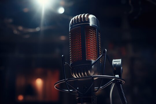 A detailed close-up image of a microphone with a vibrant light in the background. 