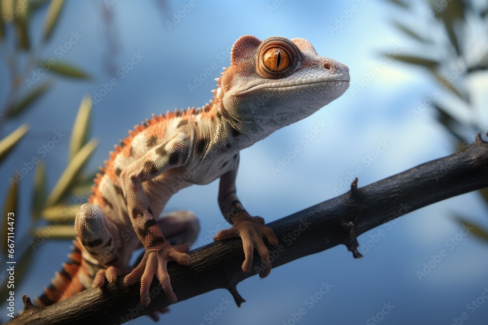 Poster a lizard perched on top of a tree branch. perfect for nature or wildlife-themed projects