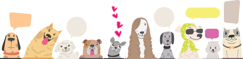 Dogs cartoon with speech bubble 2d vector isolated hound,bulldog,maltipoo, cute dog set