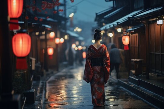 A woman dressed in a traditional kimono walking down a street. This image can be used to depict Japanese culture or for travel-related content