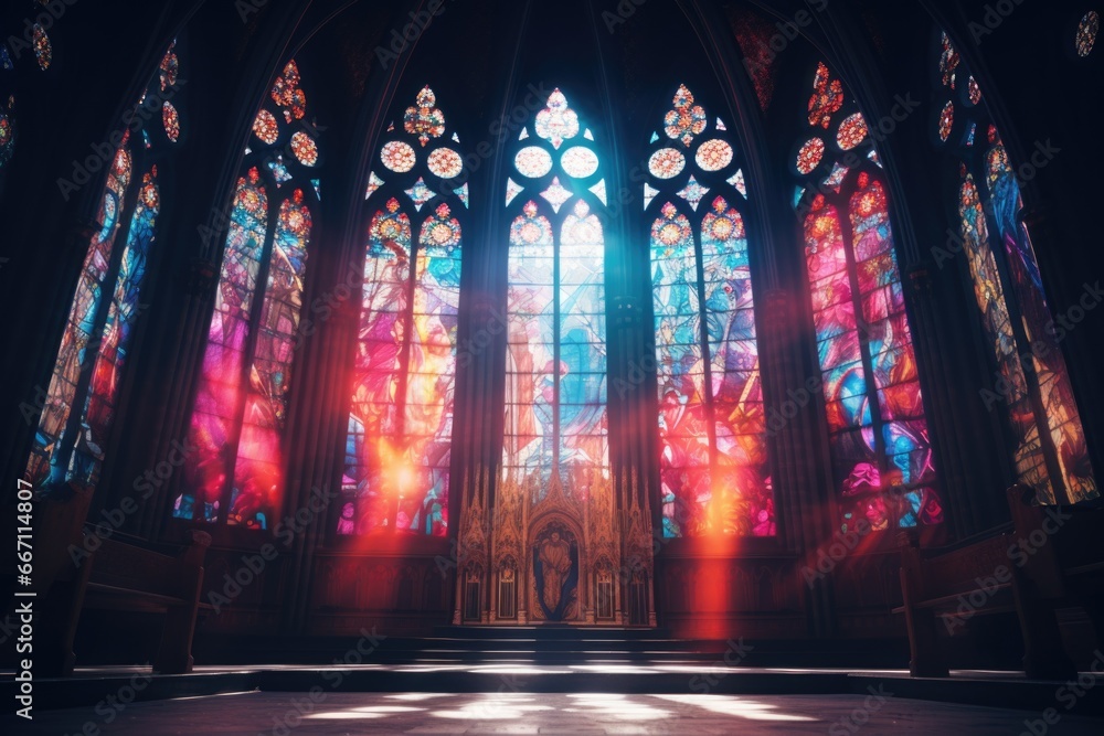 Poster a picture showcasing a church with numerous stained glass windows. this image can be used to depict 
