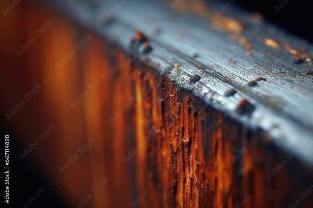 Poster A close-up view of a wooden fence with rust on it. This image can be used to depict the passage of time, decay, or the rustic charm of an old structure