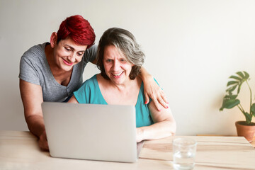 Senior gay lesbian couple using computer laptop at home - Business and family relationship life style