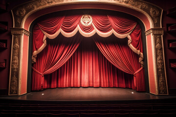 Glorious red curtain above empty theatre stage generative ai