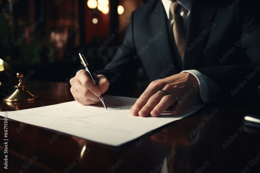 Aufkleber a man in a suit is seen writing on a piece of paper. this image can be used for various business or 