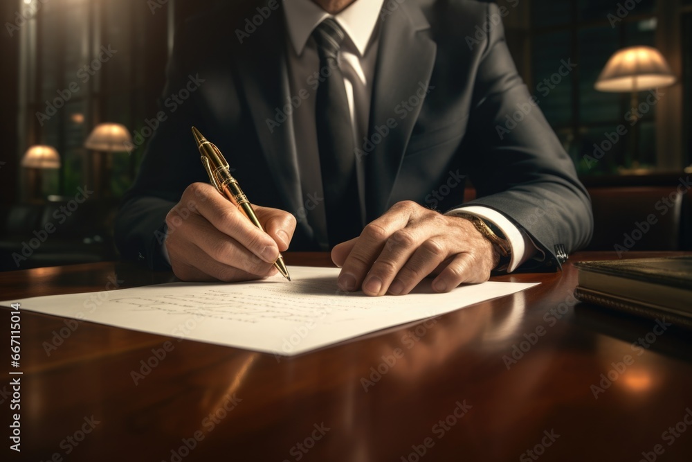 Poster a professional man in a suit signing an important document. this image can be used to depict busines