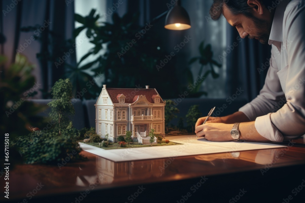 Poster a man is sitting at a table, focused on writing on a piece of paper. this image can be used to depic