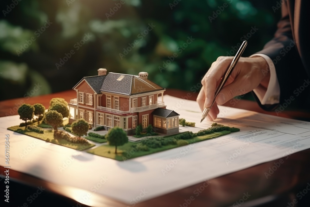 Poster A model of a house sitting on top of a piece of paper. This image can be used to represent concepts like real estate, architecture, construction, or home ownership