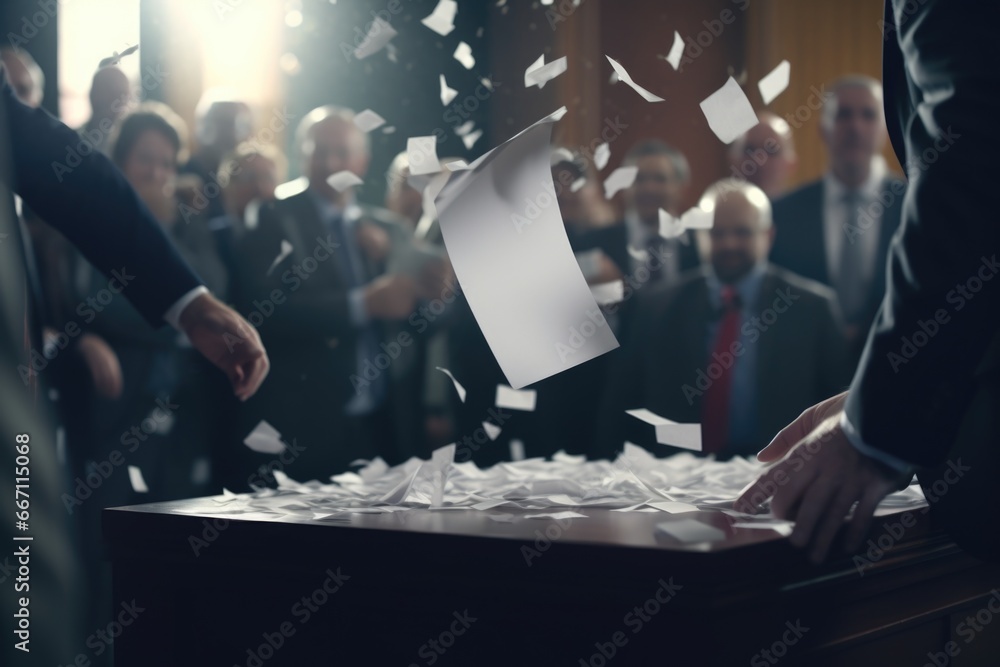 Poster a group of people gathered around a table covered in papers. this image can be used to represent tea