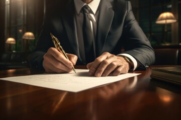 A professional man in a suit signing an important document. This image can be used to depict business contracts, legal agreements, or professional settings