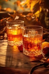 Fototapeta premium Whiskey Glasses with Ice and Fruit Background