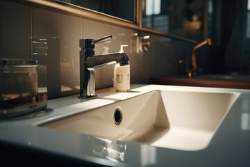 A bathroom sink with a convenient soap dispenser next to it. Perfect for use in home improvement projects or bathroom product advertisements