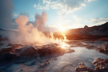 A beautiful sunset over a hot spring, creating a serene and relaxing atmosphere. Perfect for travel brochures or wellness-themed websites - obrazy, fototapety, plakaty