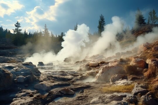 Steam rises from the ground in the middle of a rocky area. This image can be used to depict natural geothermal activity or a mysterious and atmospheric landscape