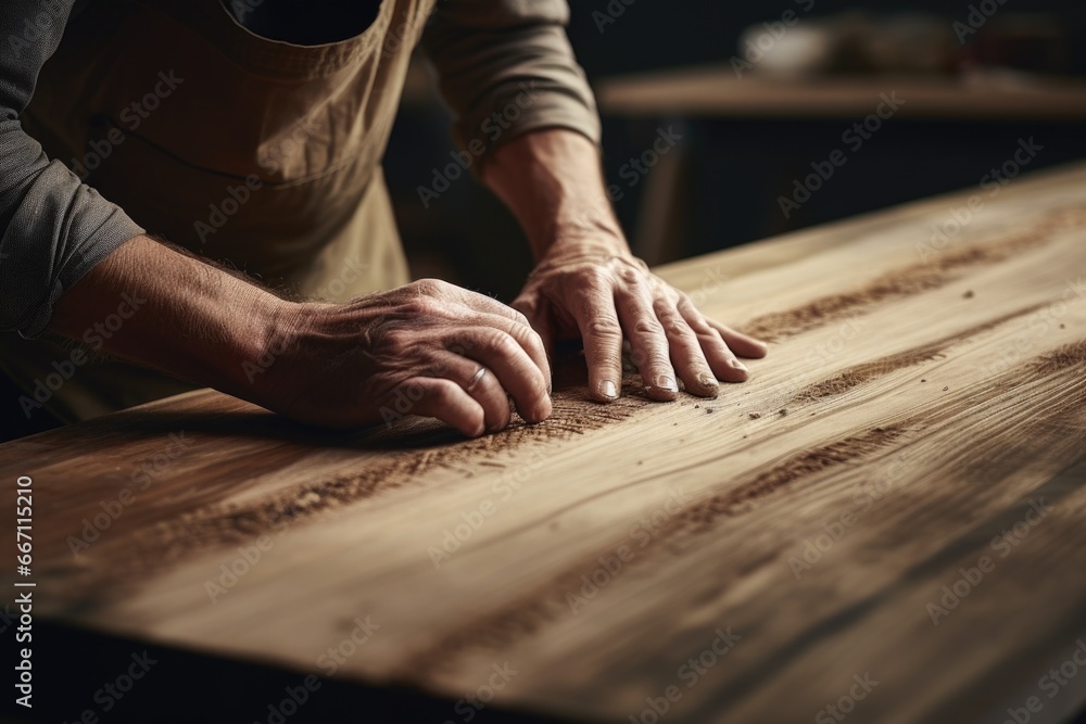 Poster a detailed close-up image of a person's hands resting on a wooden table. this versatile picture can 
