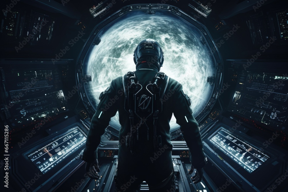 Aufkleber a man inside a space station looking out at the moon. this image can be used to depict exploration, 