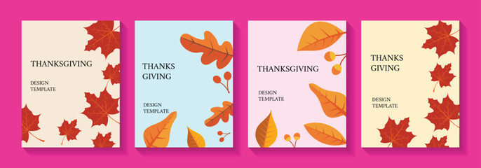 set of thanksgiving poster design with beautiful leaves. perfect for card, cover, banner, placard, invitation.