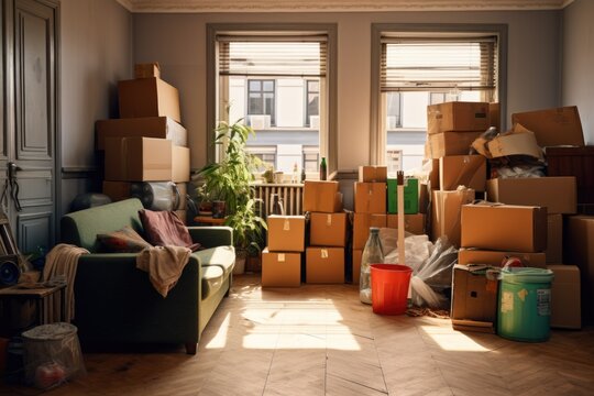 A cluttered living room filled with boxes and furniture. Perfect for illustrating moving, relocation, or storage concepts