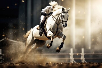 A person on a horse jumping over a fence. This image can be used to depict equestrian sports or a thrilling outdoor activity