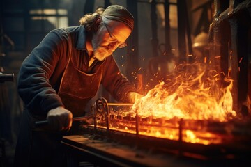 A man is seen diligently working on a metal object. This image can be used to depict craftsmanship, manufacturing, or repair work