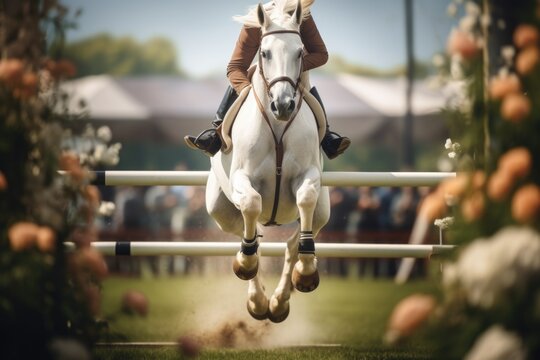 A woman is seen riding a white horse and jumping over an obstacle. This image can be used to depict equestrian sports and overcoming challenges