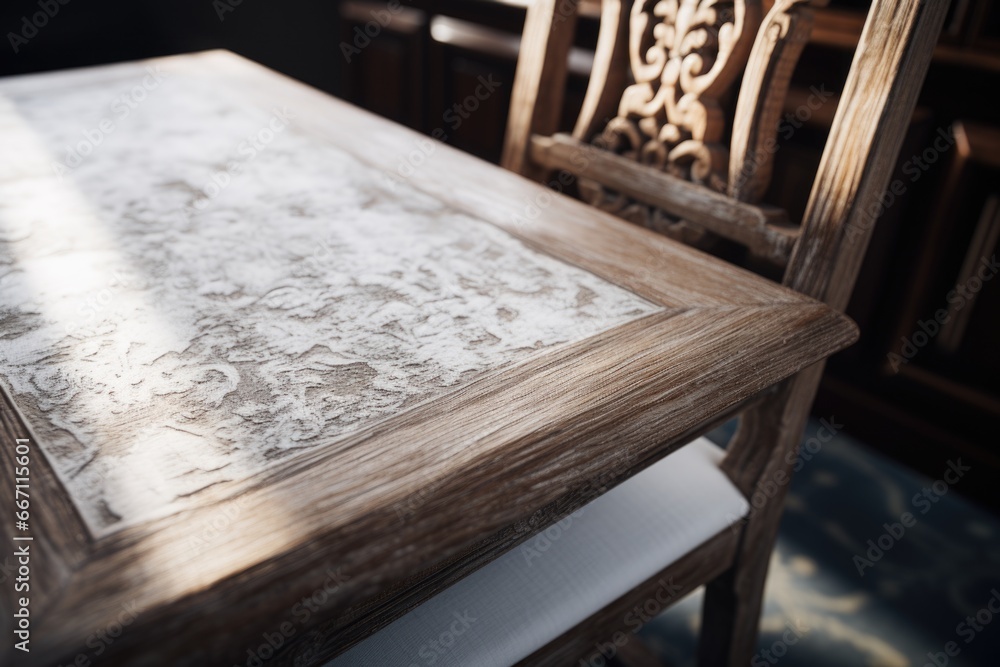 Poster A detailed view of a table with a chair in the background. This image can be used to showcase furniture or interior design concepts