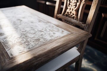 A detailed view of a table with a chair in the background. This image can be used to showcase furniture or interior design concepts