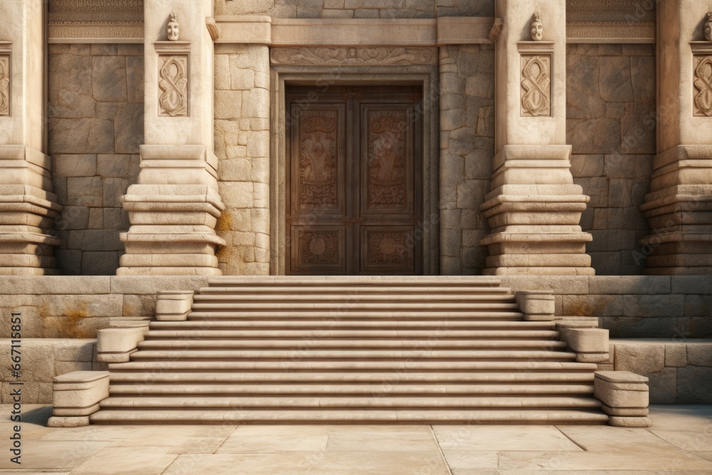 Poster a large stone building with steps leading up to a wooden door. suitable for architectural projects a