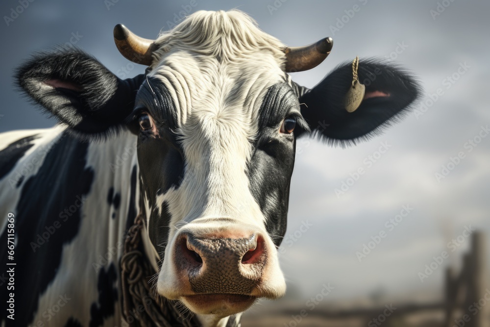 Poster a close-up view of a cow's face with a cloudy sky in the background. this image can be used in vario