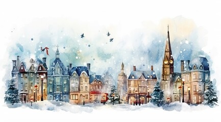 A Pretty and Snowy Square in a Cold day near Christmast with a few people admiring the view. in the Style of Cartoon and Water Painting
