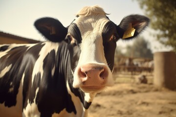 A black and white cow standing in a dirt field. This image can be used to depict rural landscapes...