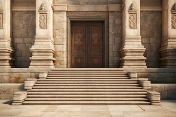 A large stone building with steps leading up to a wooden door. Suitable for architectural projects and historical illustrations