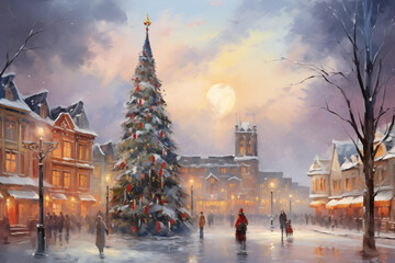 Christmas tree in the city square, illustration. Christmas festive background - obrazy, fototapety, plakaty