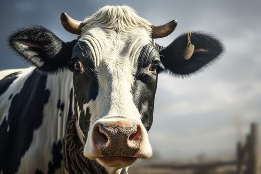 A close-up view of a cow's face with a cloudy sky in the background. This image can be used in various projects related to farming, agriculture, or nature