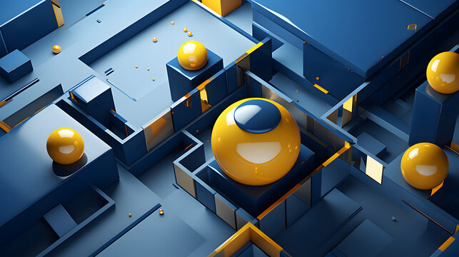 abstract background of 3D photorealistic gloss spheres and cuboid shapes in blue and yellow colors. Neural network generated image. Not based on any actual scene or pattern.