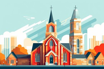 Illustration depicting a church in a city. Generative AI