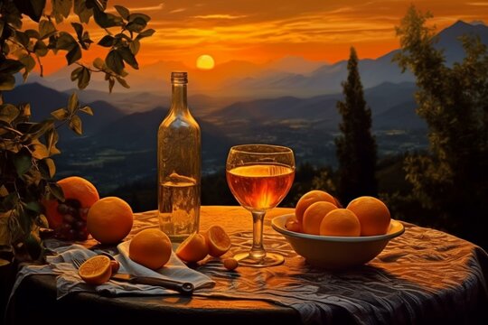 wine glass, oranges, table, sunset, mountain, tree. Generative AI