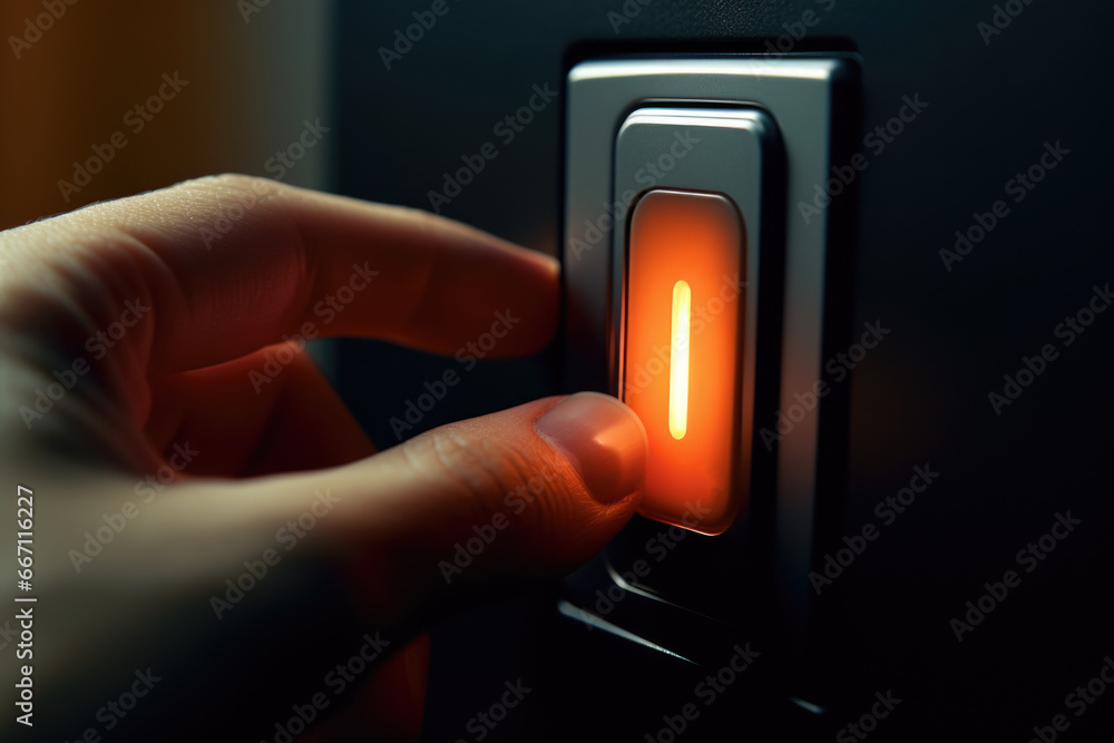 Poster a close up image of a person pressing a button. this picture can be used to illustrate technology, m