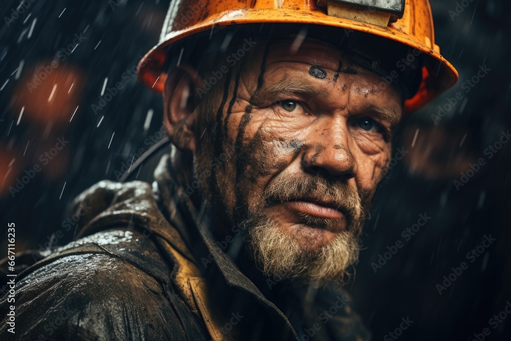 Poster a man wearing a hard hat in the rain. this image can be used to depict a construction worker working