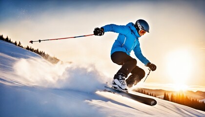 ein Skifahrer mit Helm prescht in schnellem Tempo durch den Schnee - obrazy, fototapety, plakaty